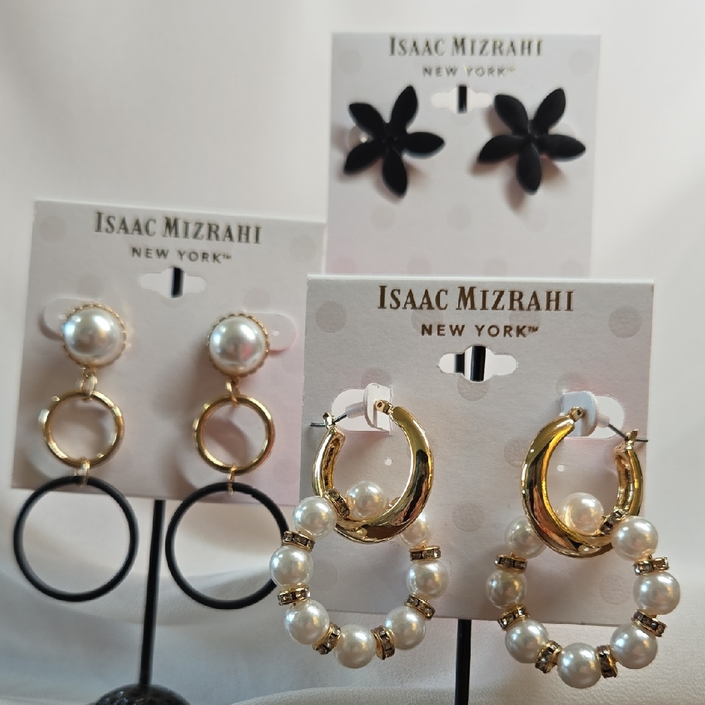 💥CLEARANCE💥 Three Pair Isaac Mizrahi Post Earrings In Black Gold And White
